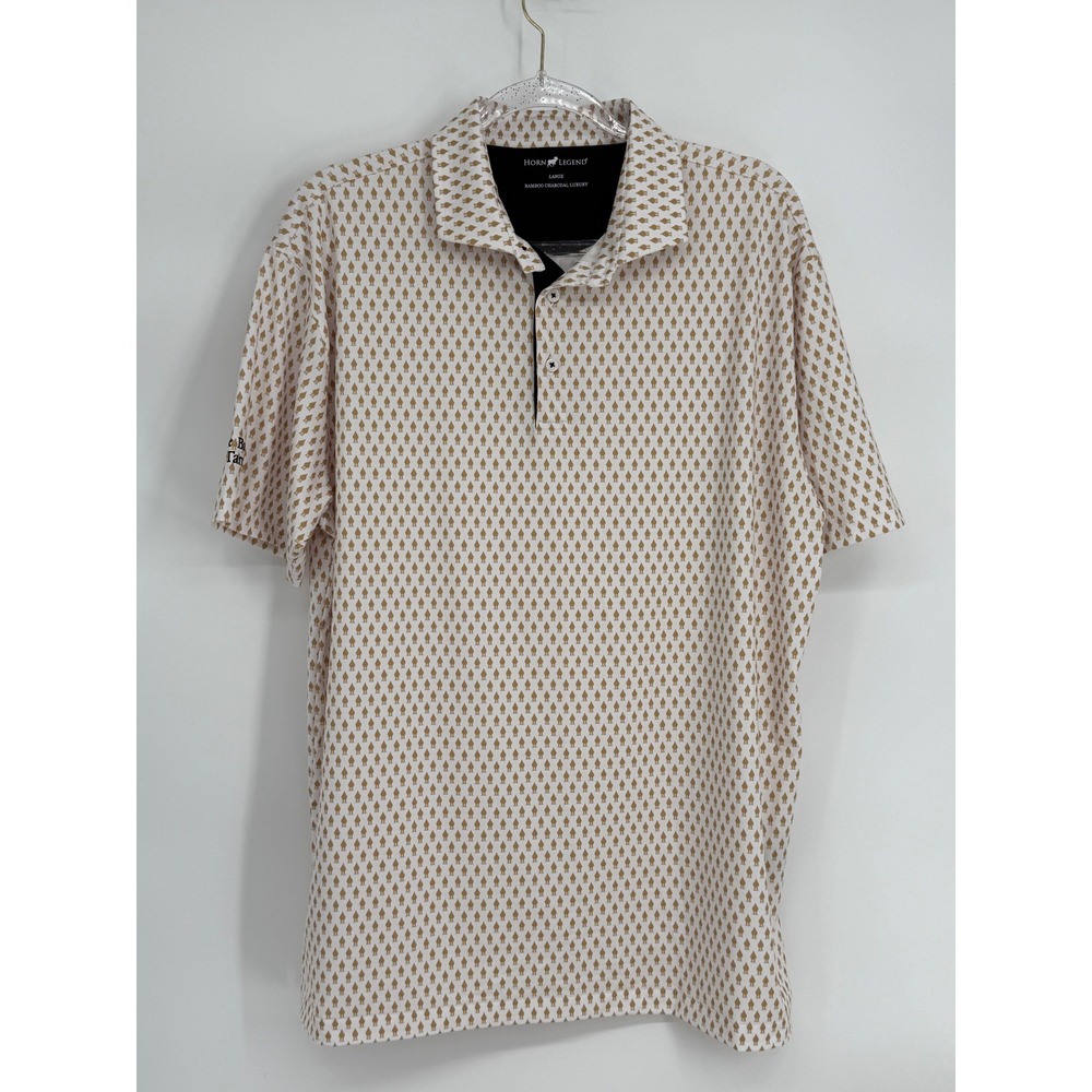 Horn Legend Mens Sz L Polo Shirt Bamboo Luxury White Tan Geometric Print